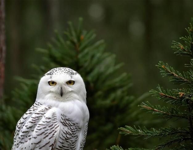 a white owl is standing in front of a pine tree