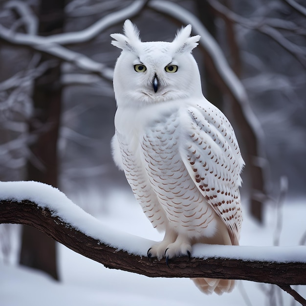 a white owl sits on a branch with snow on it