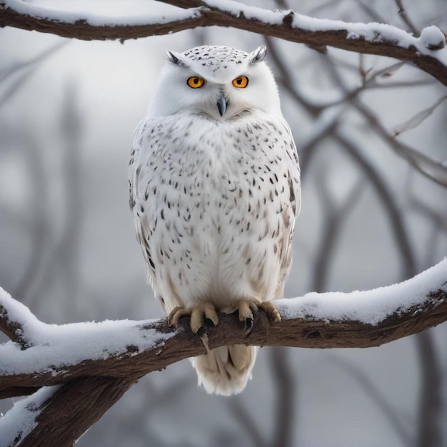 Photo a white owl sits on a branch with snow on it