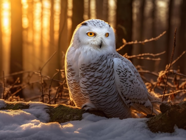 A white owl sitting on a log in the snow