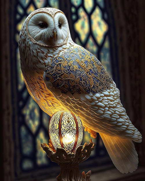 A white owl with a blue and gold pattern sits on a light.