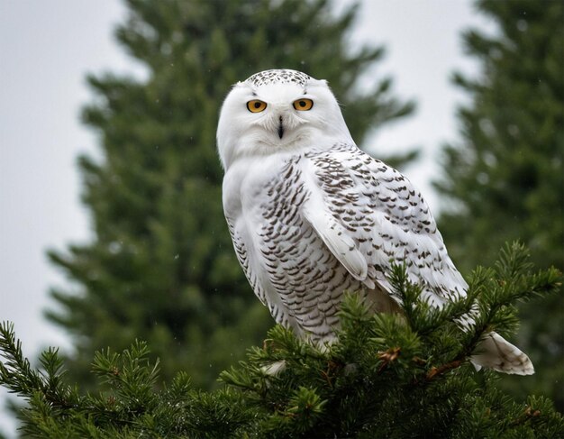 a white owl with yellow eyes is sitting on a tree branch