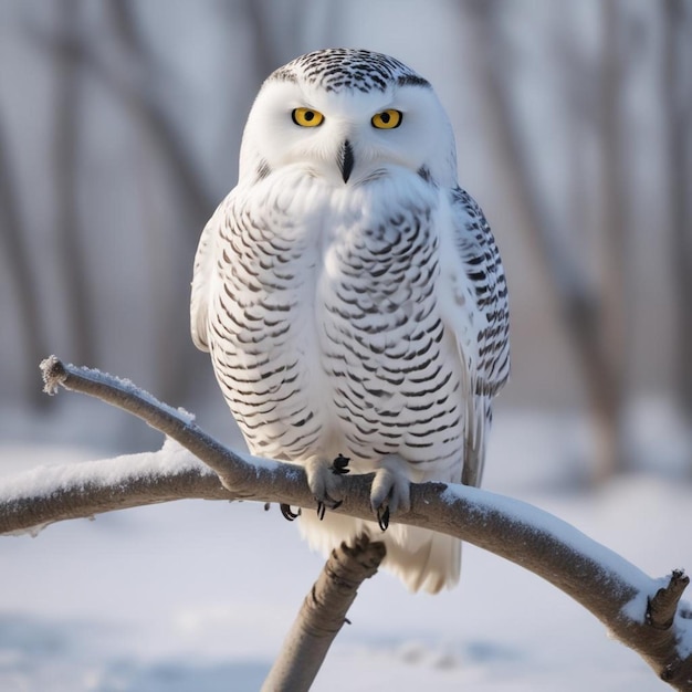 a white owl with yellow eyes sits on a branch