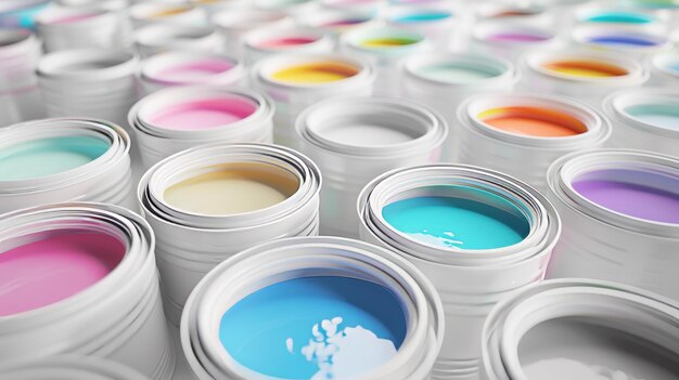 White paint buckets surround cmyk paint buckets