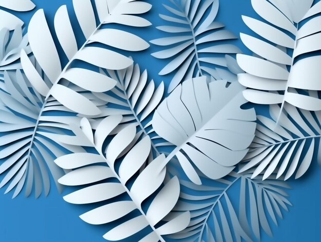 White palm leaves on a blue background.