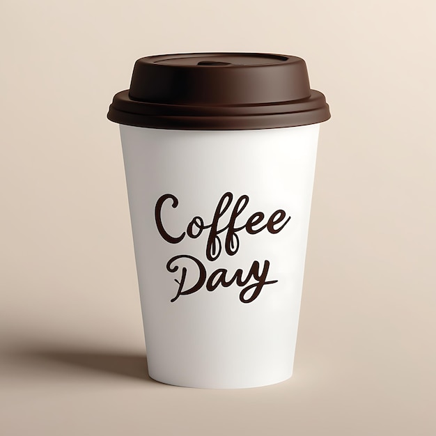 Photo a white paper coffee cup with the words coffee day written in stylish brown lettering