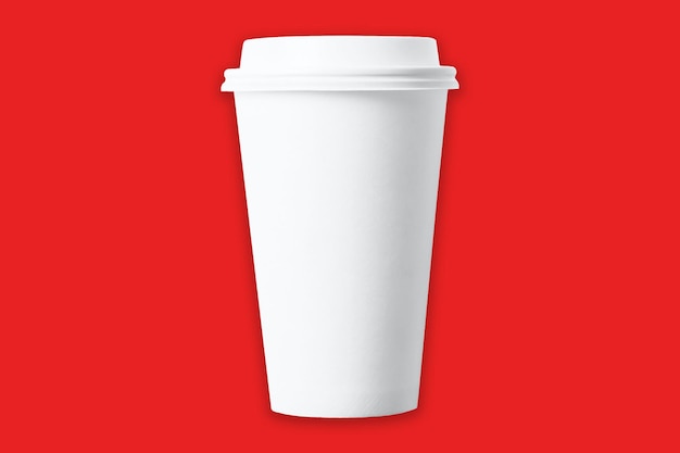 white paper cup mockup isolated on red background