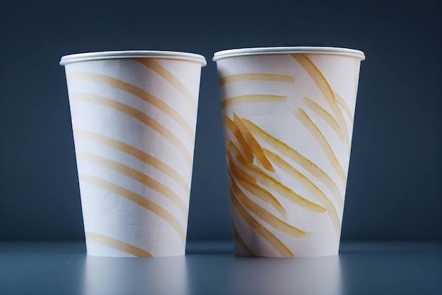 White paper cups with portion of delicious hot french fries