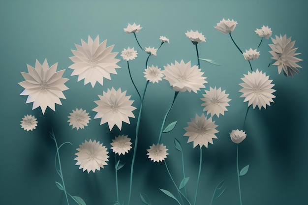 White paper cut flowers with green leaves on blue green background