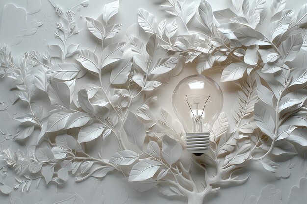 Photo white paper cut light bulb with floral design creative abstract art bright and minimalistic modern