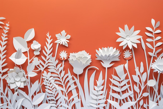 Photo a white paper cutout flowers and leaves on an orange background