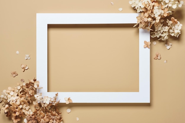 White paper frame and beautiful dry flowers on beige background Stylish frame for congratulations and presentation