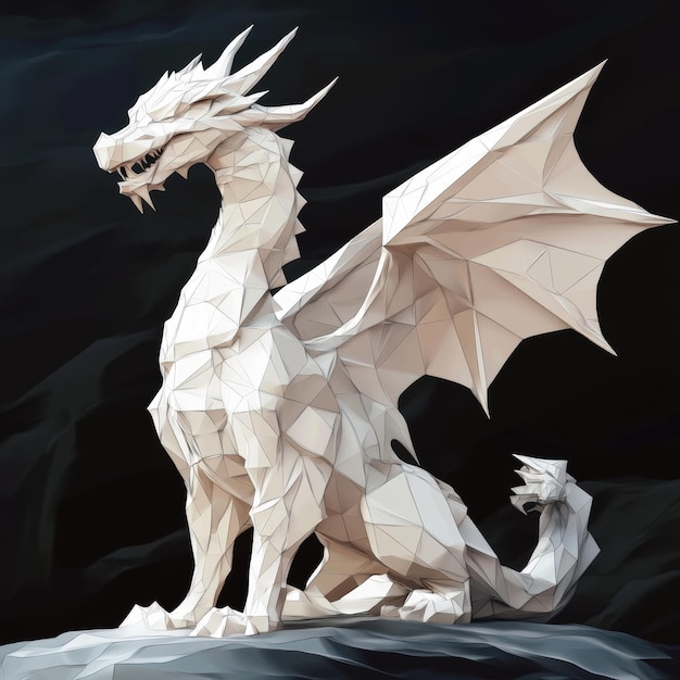 Photo white paper origami dragon on black background 3d rendering