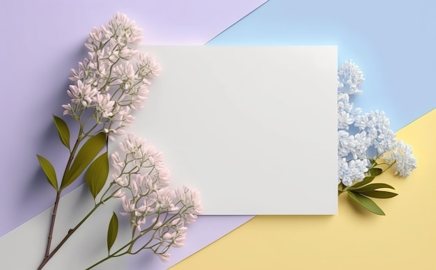 white paper on pastel background copy space with spring flowers, greeting card, invitation card