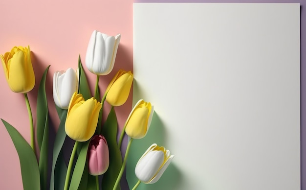 white paper on pastel background copy space with tulips, greeting card, invitation card