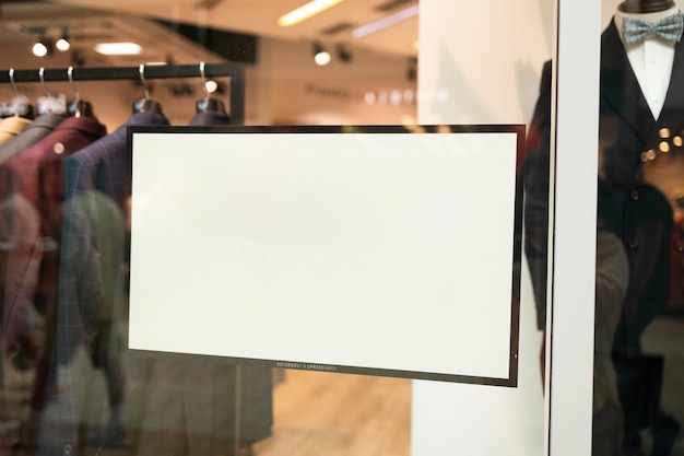 Photo white paper poster mockup displayed inside a clothing store window marketing and business concept