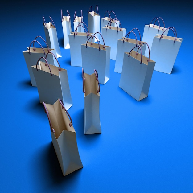 White paper shopping bags against a blue background