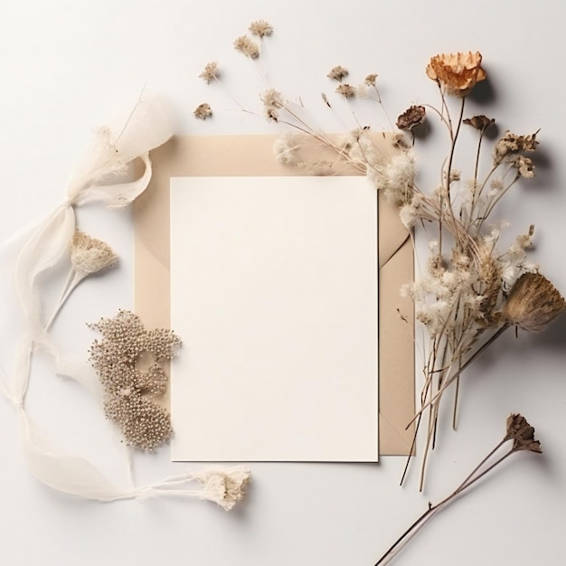 A white paper with dried flowers and a frame with a white card