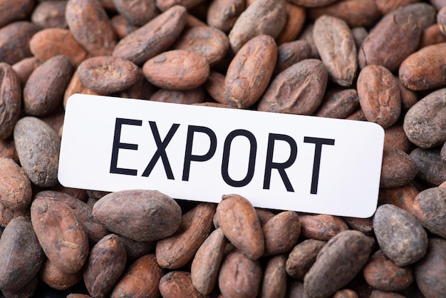 White paper with inscription Export on cocoa beans