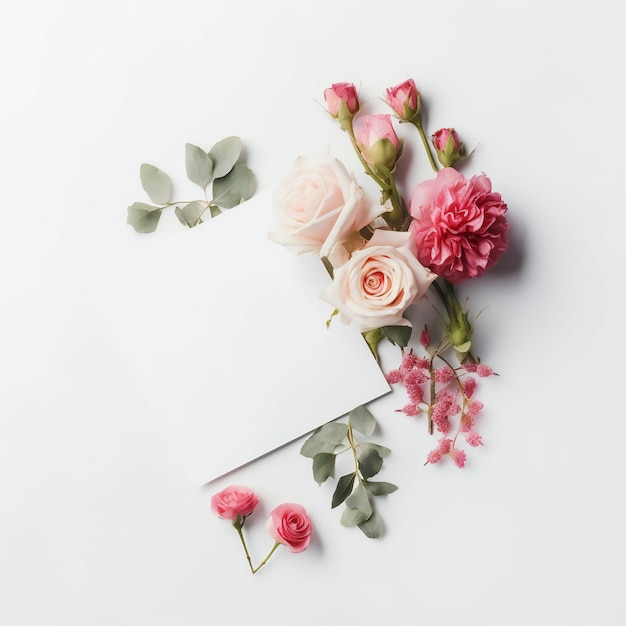 A white paper with pink flowers and a white card with a pink flower on it.