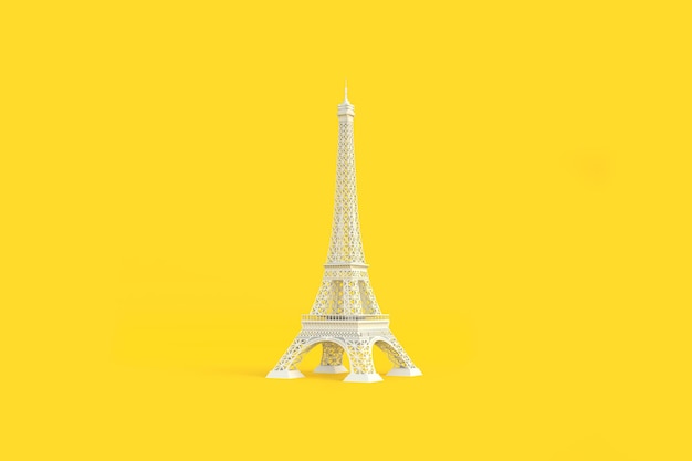 White Paris Eiffel Tower on a yellow background with copy space Travel concept design 3d rendering illustration