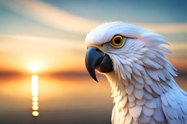 A white parrot with a sunset in the background