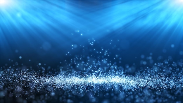 White particle on blue background Small dust particle fly and light ray shine effect