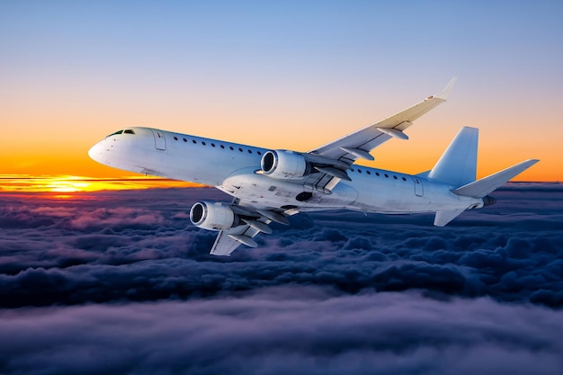 White passenger aircraft fly in the sunset sky