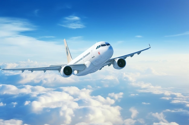 White passenger airplane flying in the sky amazing clouds in the background Travel by air transport