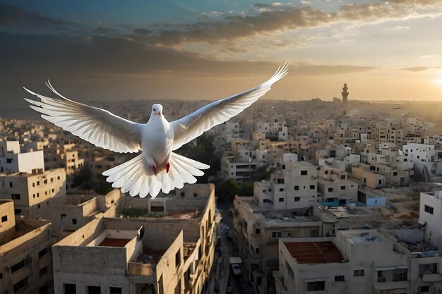 A white peace dove flying over the sky of Palestine