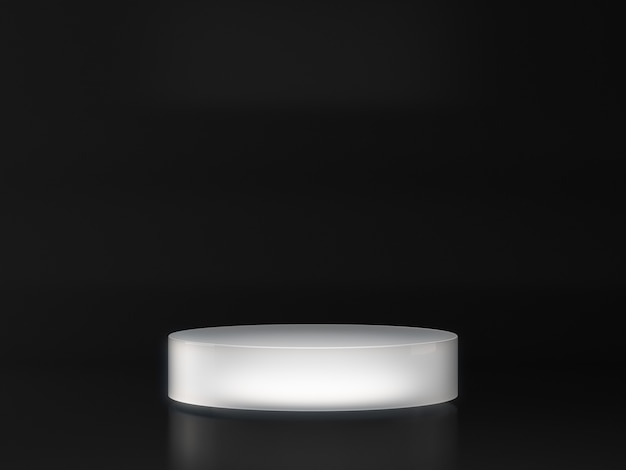 White pedestal for product showcase with white light glow on dark background.