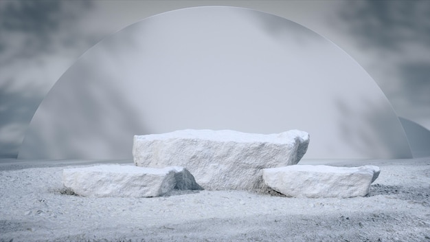 White pedestal stone for product showcase with natural light and the shadow of trees.