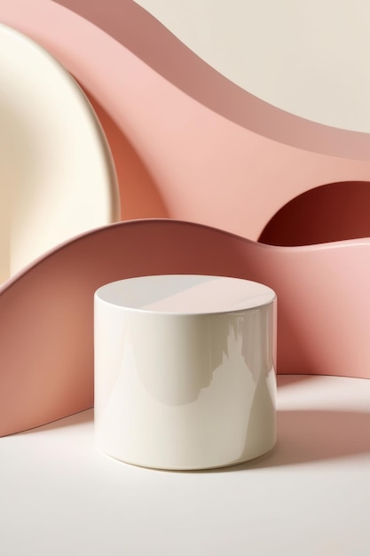 Photo white pedestal surrounded by curved pink and beige shapes on a soft background product display