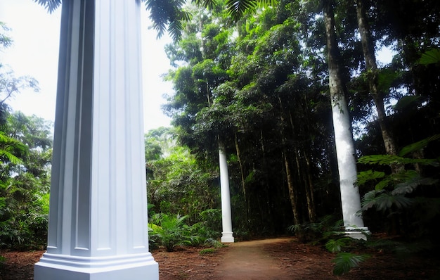 White pedestal in tropical forest for product presentation Behind is a view of the sky.