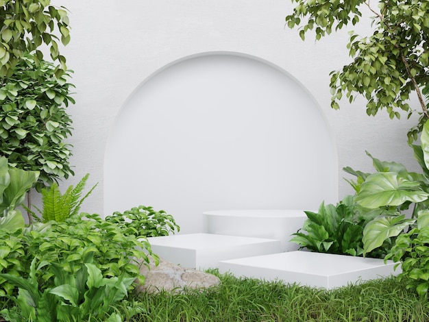 White pedestal in tropical forest for product presentation and white plaster wall