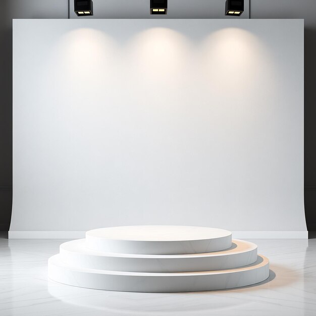 White pedestal with blank wall and spotlights