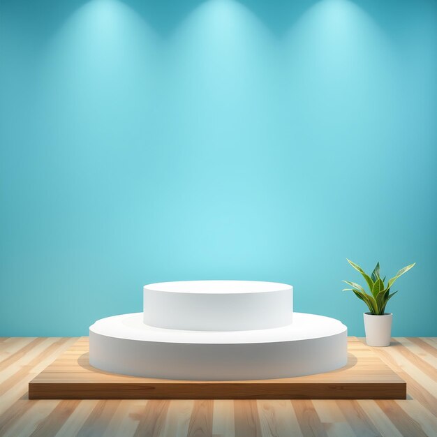 White Pedestal on Wooden Floor with Blue Wall and Plant