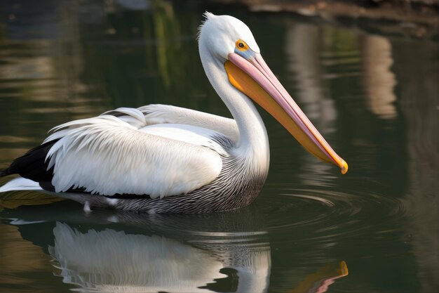 A white pelican with a yellow bill is swimming in the water.