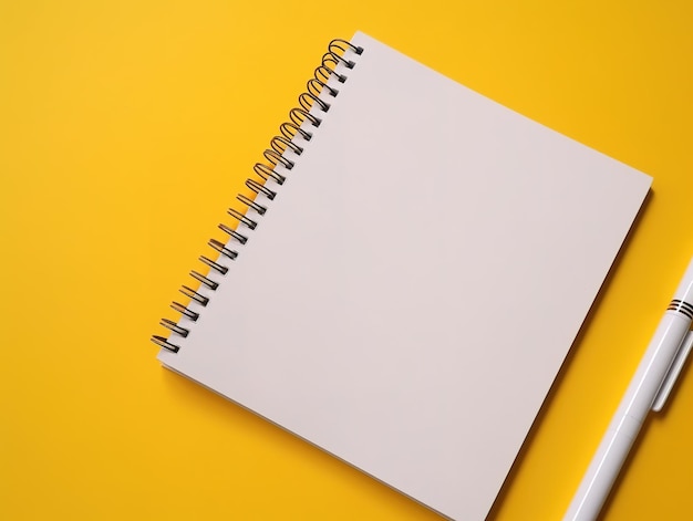 A white pen is laying on top of a notebook on a yellow background.