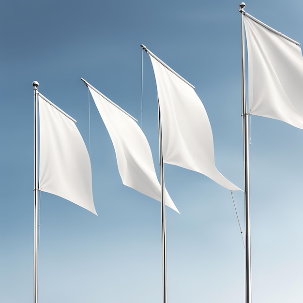 White pennant flags mockup design blank vertical banners on a flagpole with rounded straight