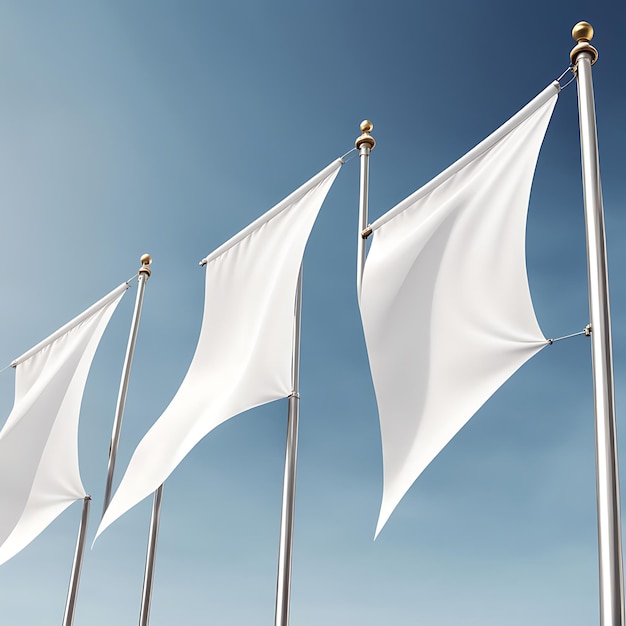 White pennant flags mockup design blank vertical banners on a flagpole with rounded straight