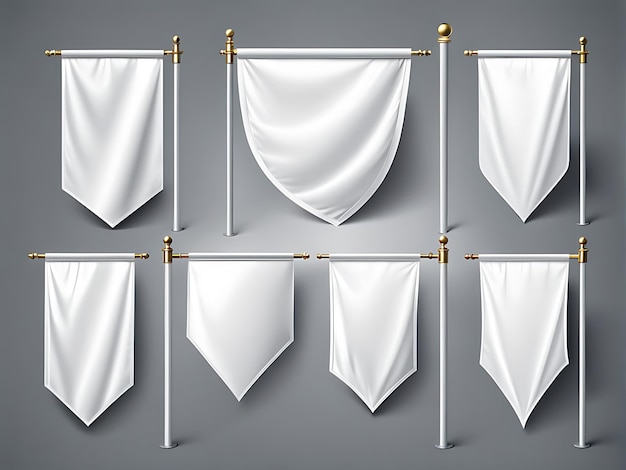 White pennant flags mockup design blank vertical banners on a flagpole with rounded straight