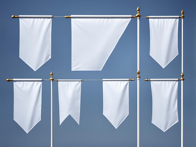 White pennant flags mockup design blank vertical banners on a flagpole with rounded straight