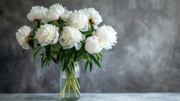 White peonies bouquet in glass vase on marble table