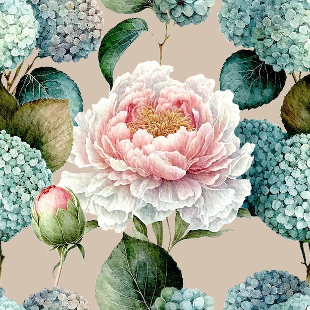 White peony and blue hydrangea watercolor elegant pastel summer floral seamless pattern