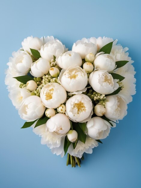 A white peony bouquet arranged in the shape of a heart