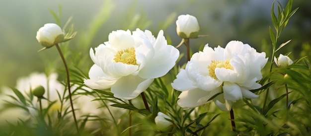 White peony flowers grass background Close Up