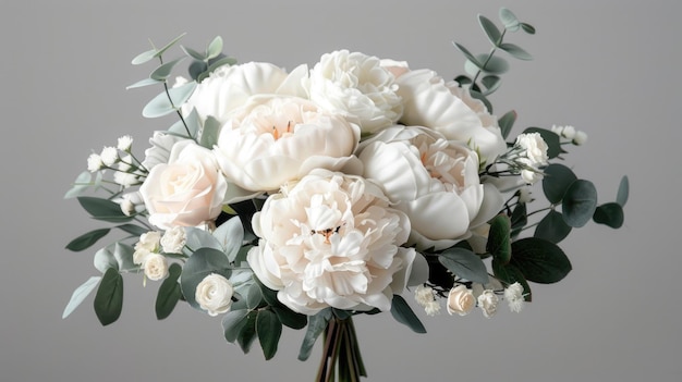 White Peony and Garden Rose Bridal Bouquet isolated on grey background