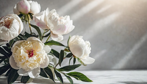 white peony rose buds on a light backdrop with delicate shadows evoking a sense of purity and tranq