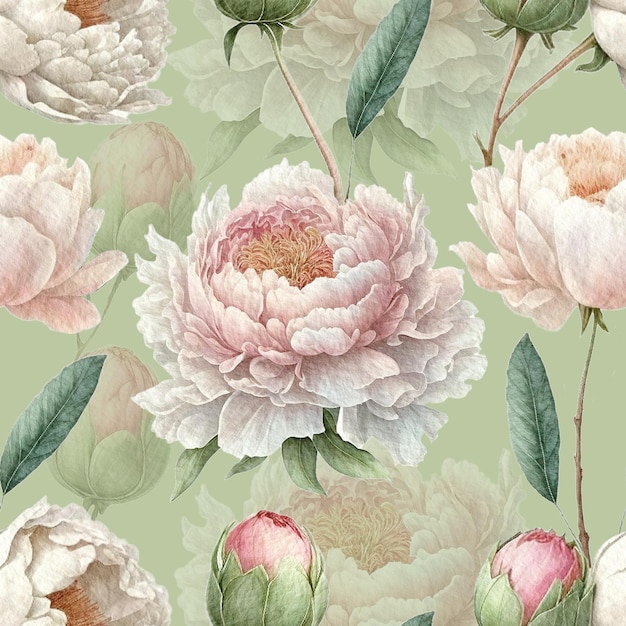 White peony watercolor elegant pastel summer floral seamless pattern